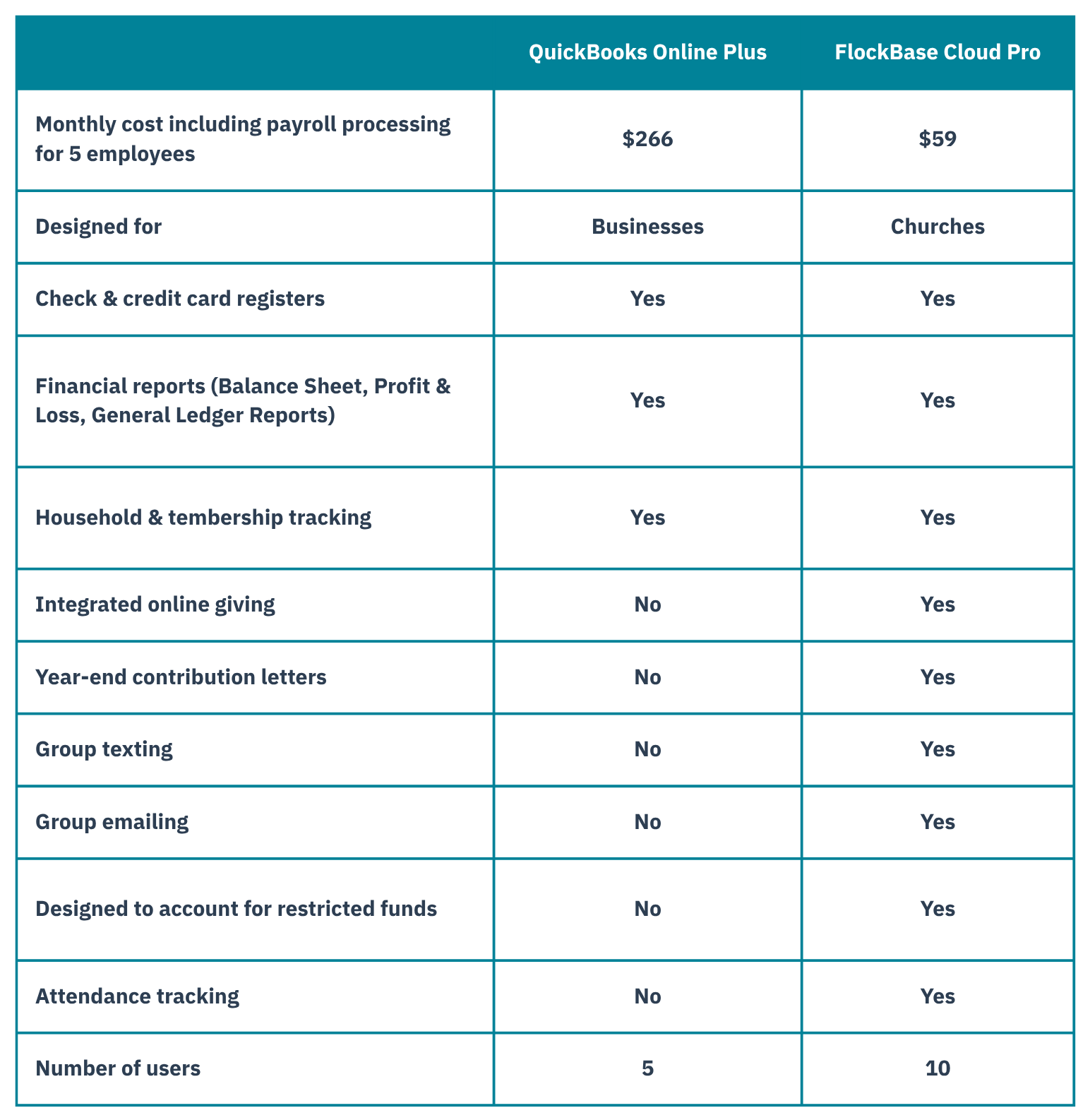 FlockBase or QuickBooks for churches feature comparison