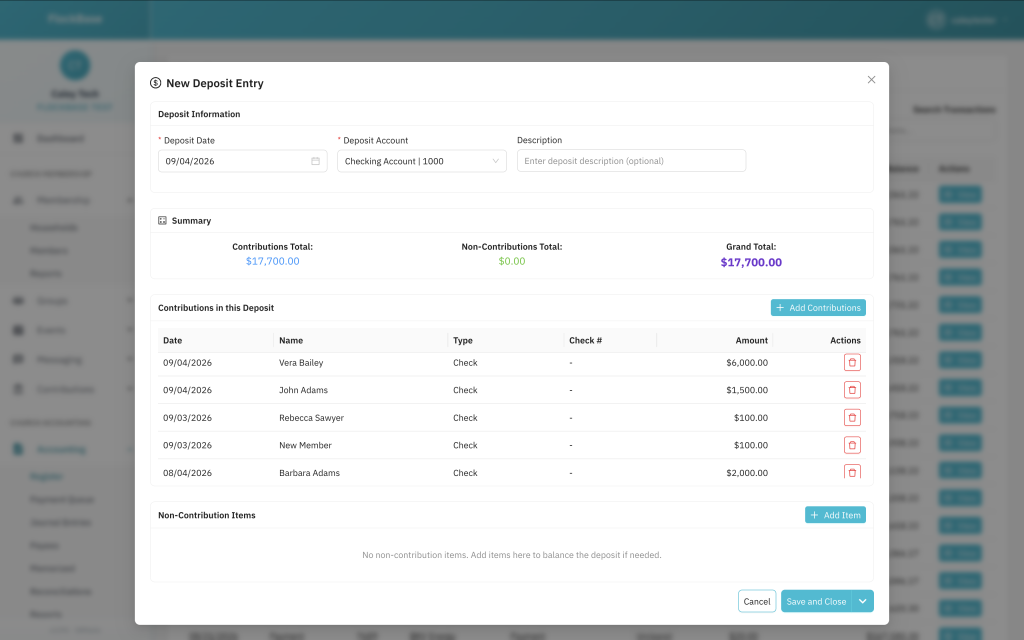 FlockBase church accounting software new deposit screen