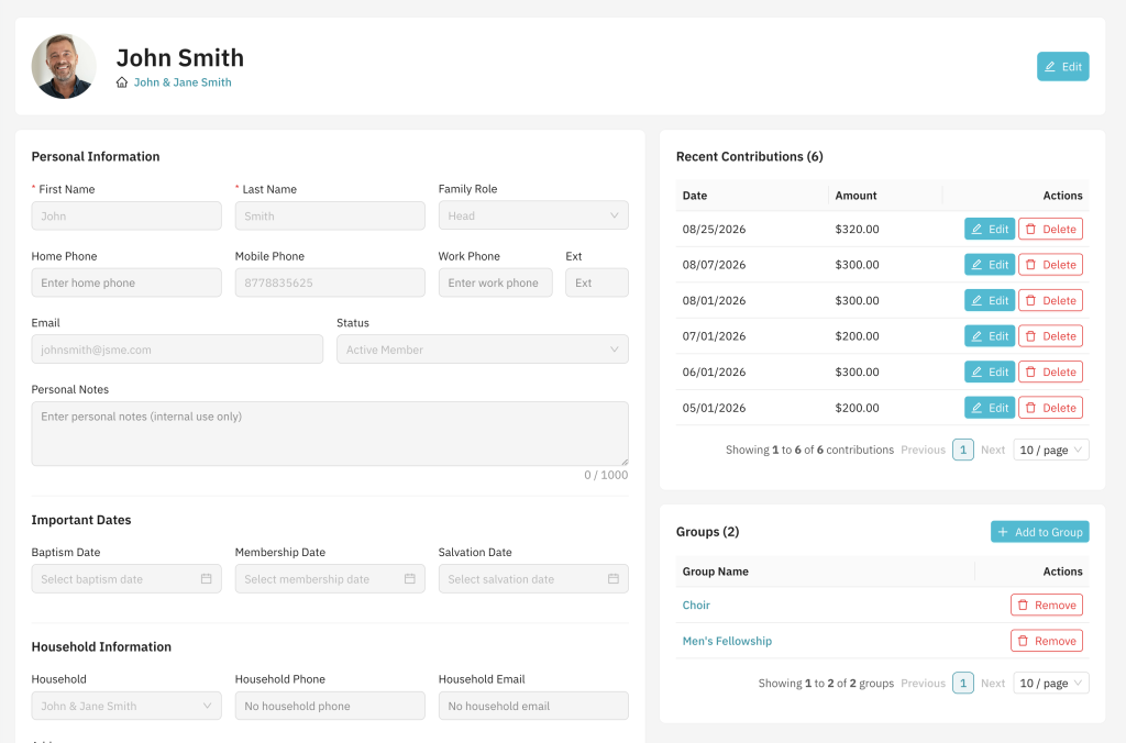 church membership software member profile screenshot